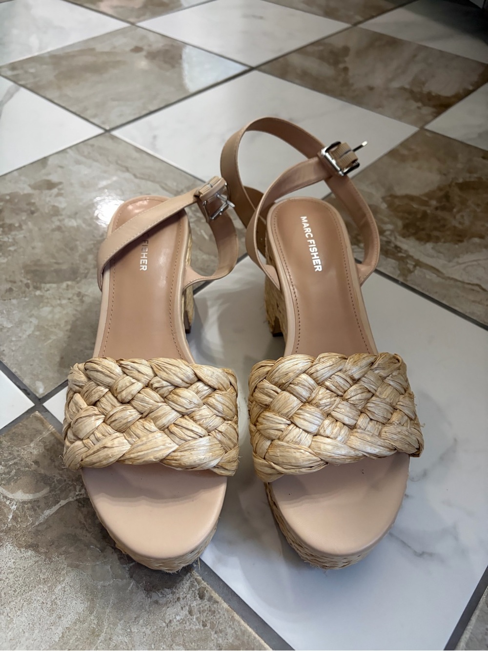 Marc Fisher Beige Braided Raffia Wedge Sandals